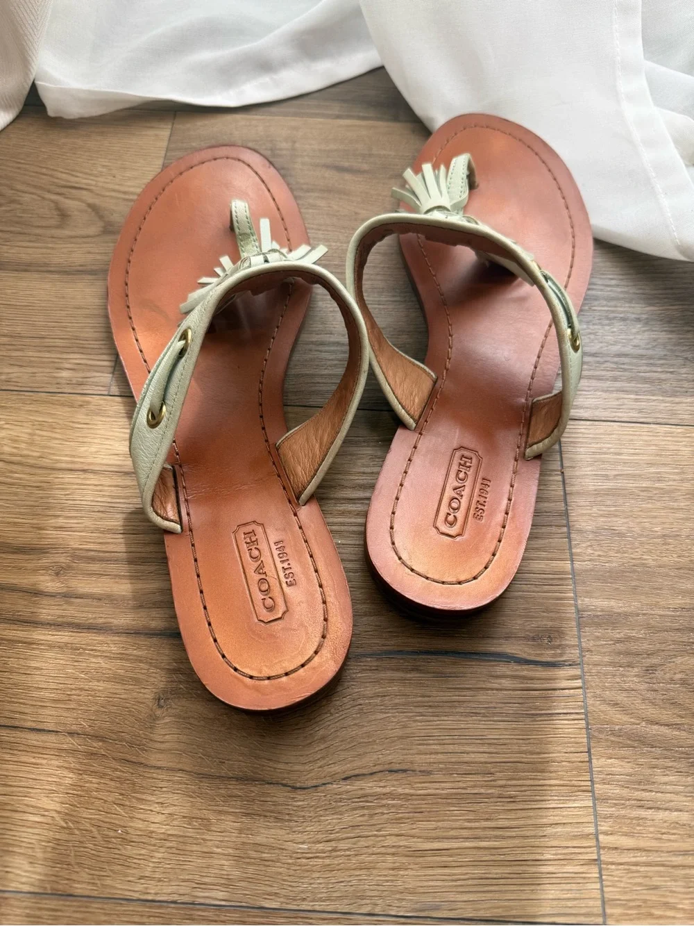 Coach Women's Teal/Green Tassel Leather Thong Sandals with Tan Footbed
